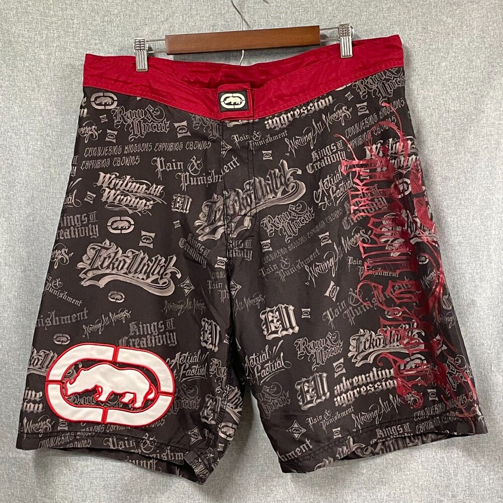 Ecko Unltd MMA Fight Shorts Mens 36 Black Red Rawthentic Graphic Board Shorts